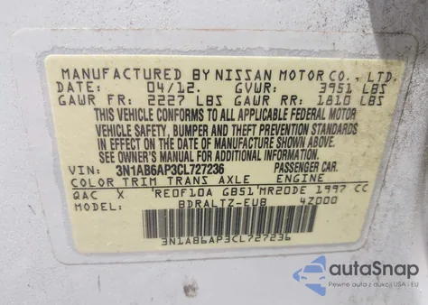 2012 Nissan Sentra 2.0 Sr из США, поврежденный, VIN 3N1AB6AP3CL727236